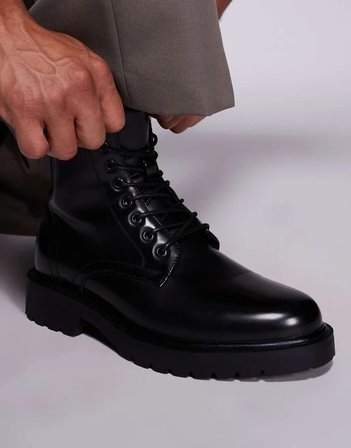 ASOS DESIGN lace up boots in black polish - Image 2