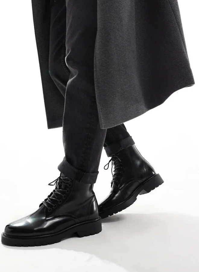 ASOS DESIGN lace up boots in black polish