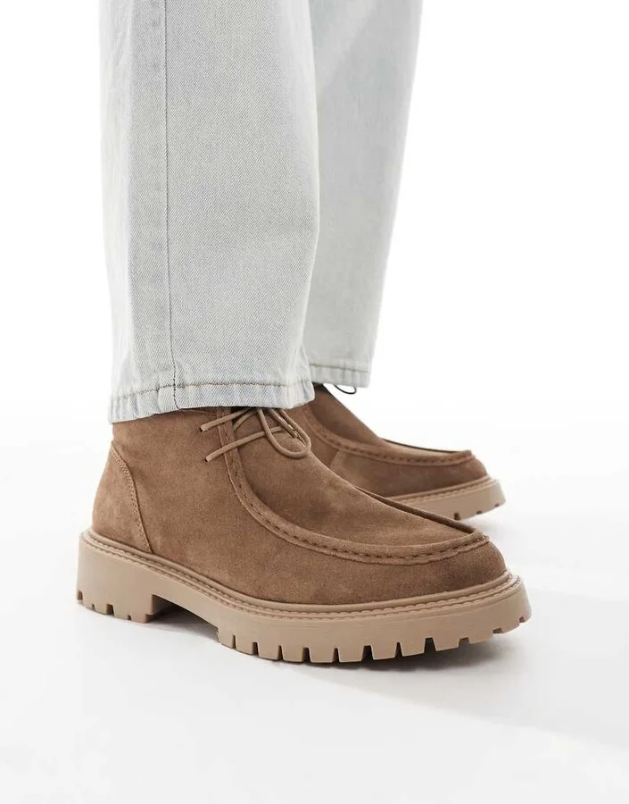 ASOS DESIGN lace up boots in brown suede with chunky soles and apron toes