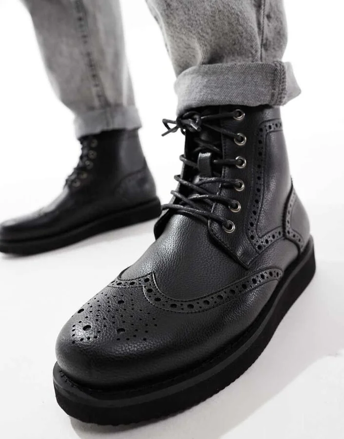 ASOS DESIGN lace up brogue boots in black with wedge sole - Image 3