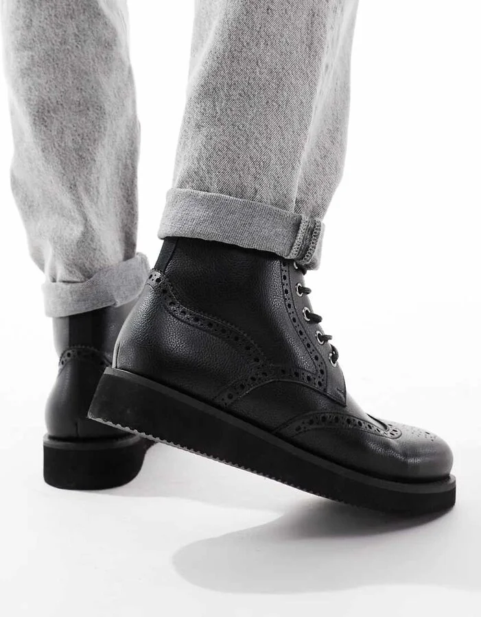 ASOS DESIGN lace up brogue boots in black with wedge sole - Image 4