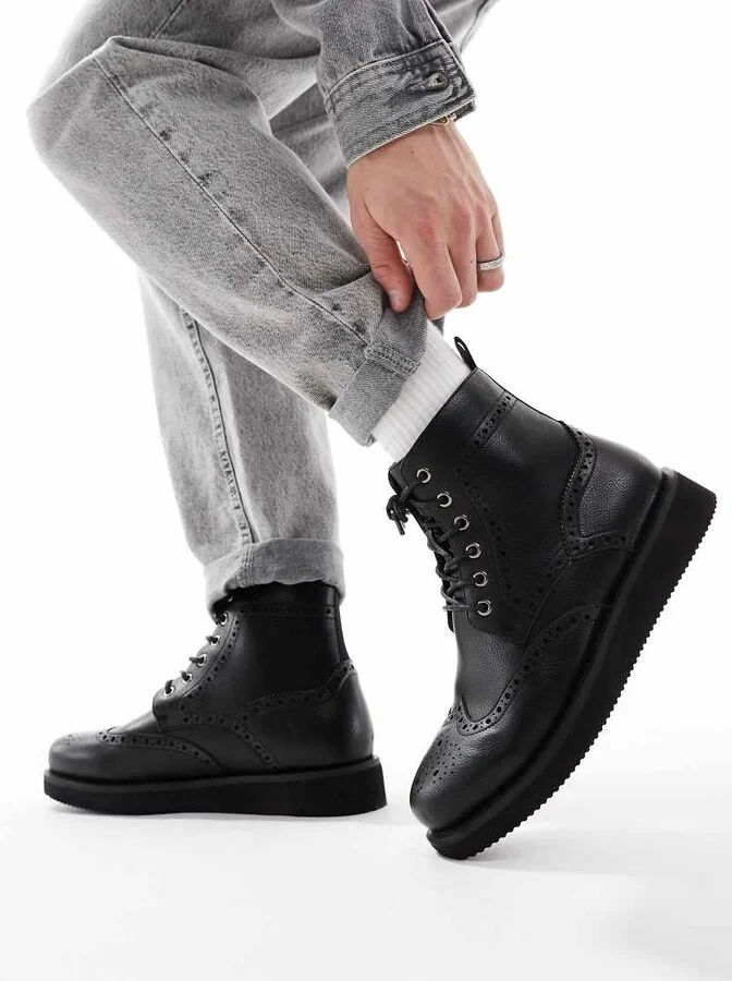 ASOS DESIGN lace up brogue boots in black with wedge sole