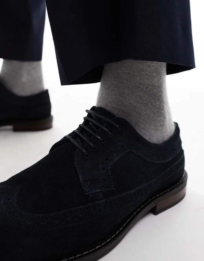 ASOS DESIGN lace up brogue shoes in navy suede - Image 2