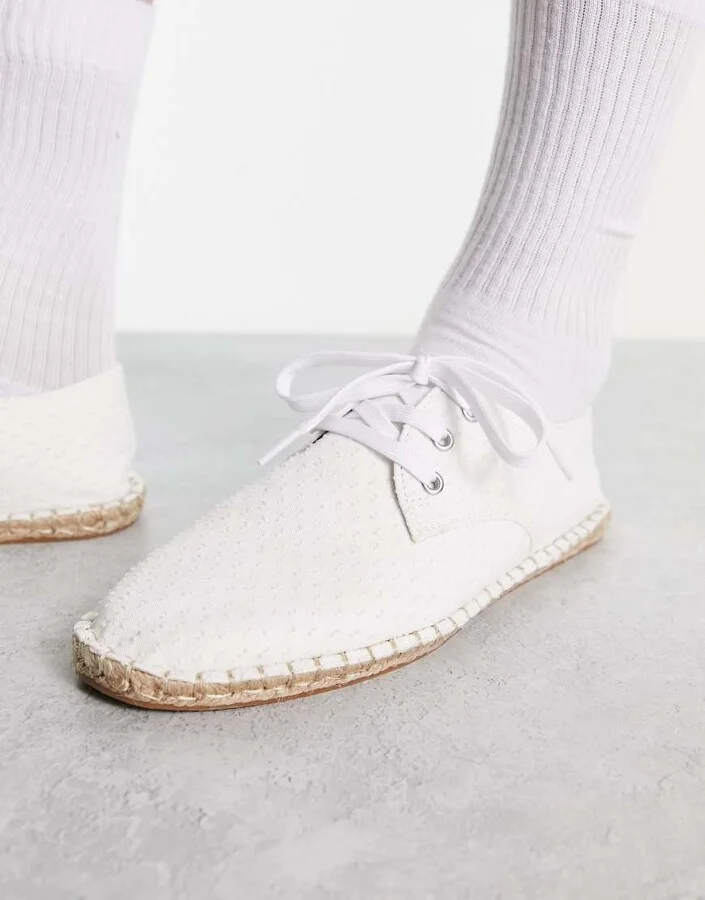 ASOS DESIGN lace up espadrilles in white textured canvas - Image 4