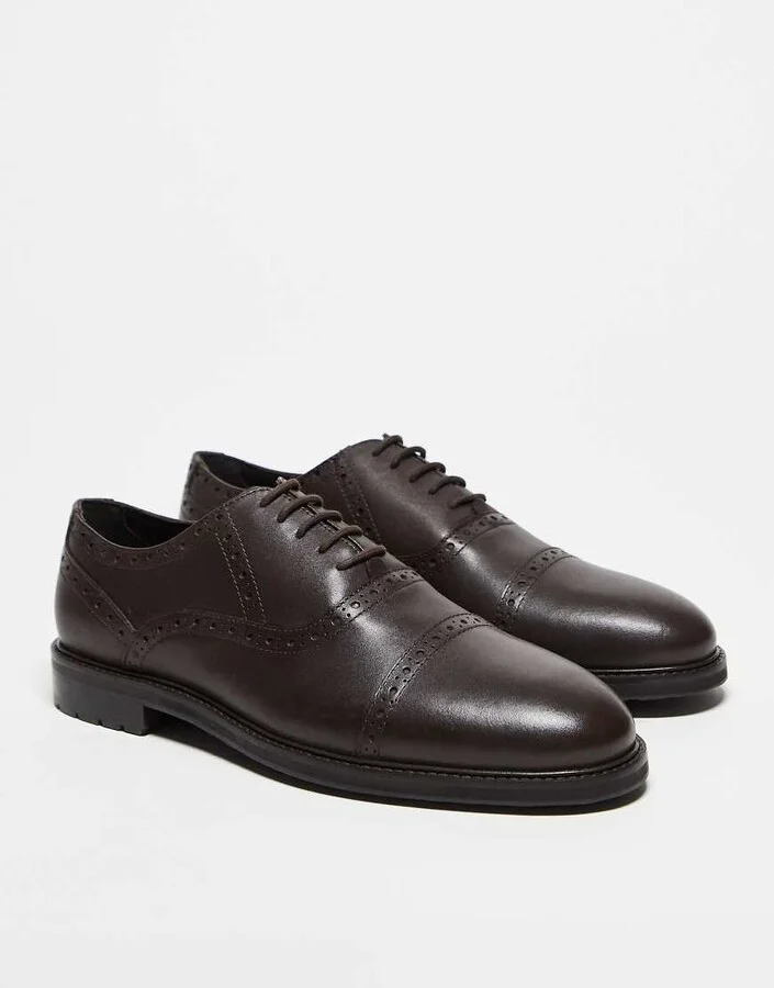 ASOS DESIGN lace up oxford shoes in brown leather with brogue detailing