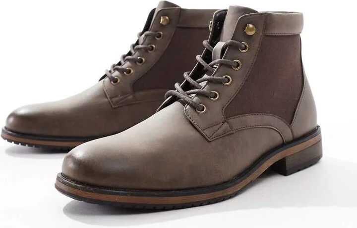 ASOS DESIGN lace up worker boots in brown with canvas detail - Image 3