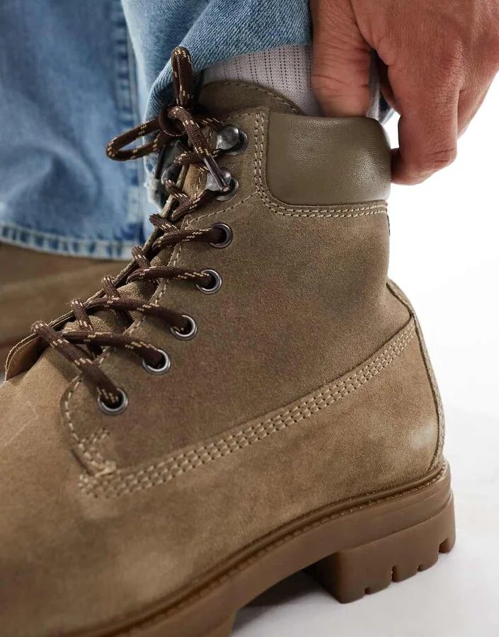 ASOS DESIGN lace-up worker boots in stone suede with gum sole - Image 2