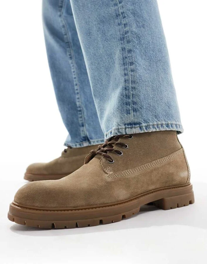 ASOS DESIGN lace-up worker boots in stone suede with gum sole