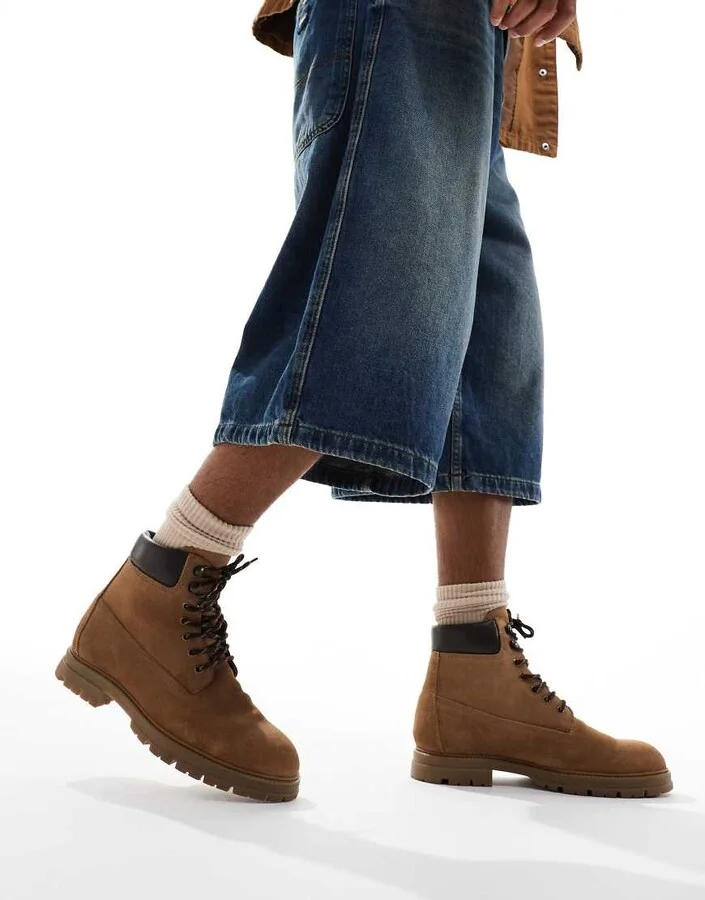 ASOS DESIGN lace-up worker boots in tan suede and contrast panels - Image 2