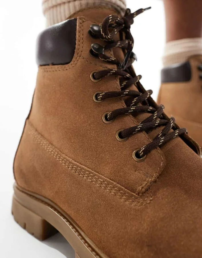 ASOS DESIGN lace-up worker boots in tan suede and contrast panels - Image 3