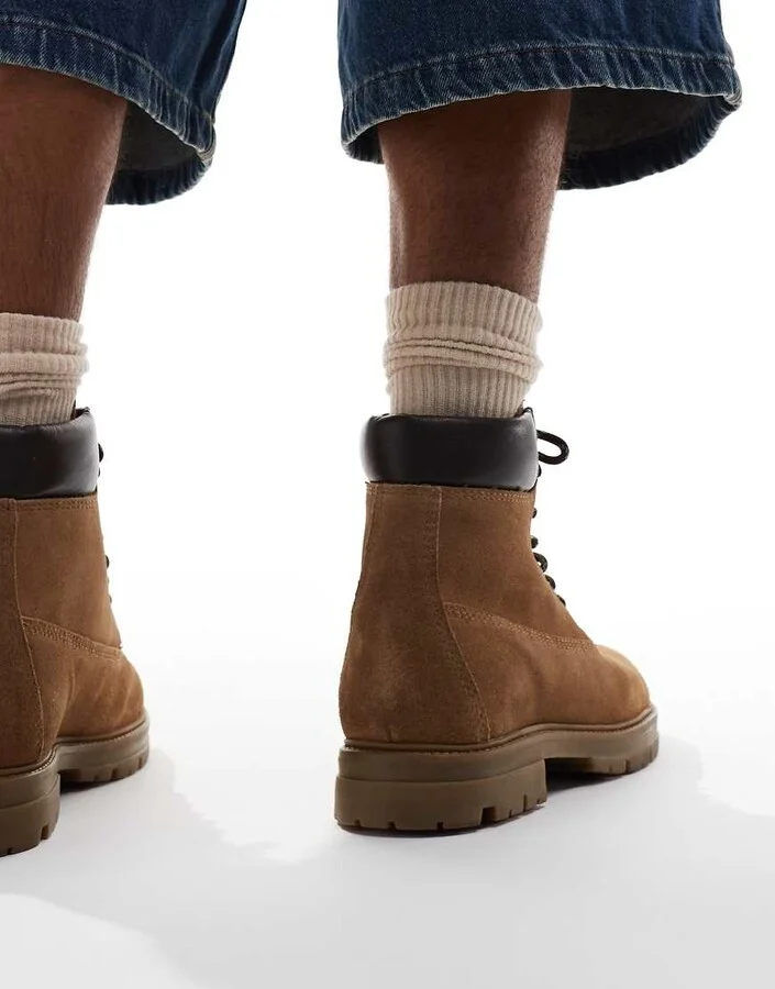 ASOS DESIGN lace-up worker boots in tan suede and contrast panels - Image 4