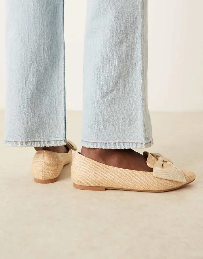 ASOS DESIGN Lake bow pointed ballet flats in natural raffia - Image 2