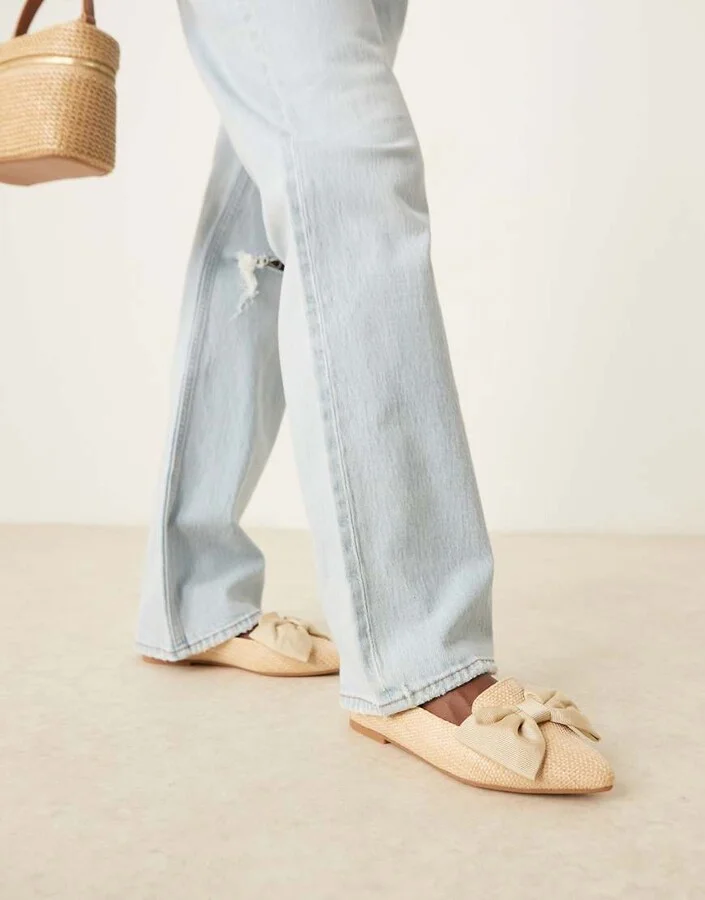 ASOS DESIGN Lake bow pointed ballet flats in natural raffia - Image 3