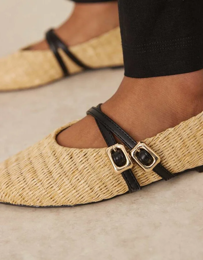 ASOS DESIGN Landon double strap Mary Jane ballet flats in natural weave - Image 3