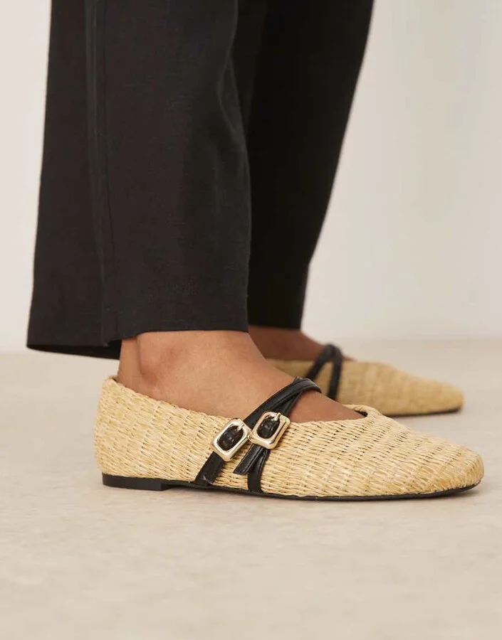 ASOS DESIGN Landon double strap Mary Jane ballet flats in natural weave