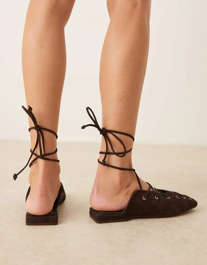 ASOS DESIGN Laney premium ankle wrap tie mules in brown suede - Image 4