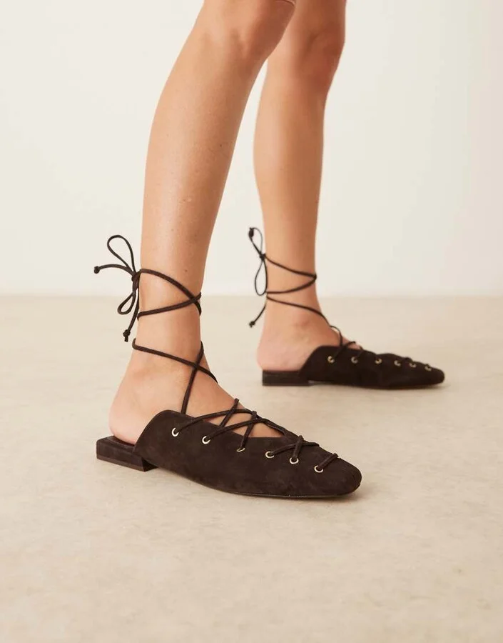 ASOS DESIGN Laney premium ankle wrap tie mules in brown suede