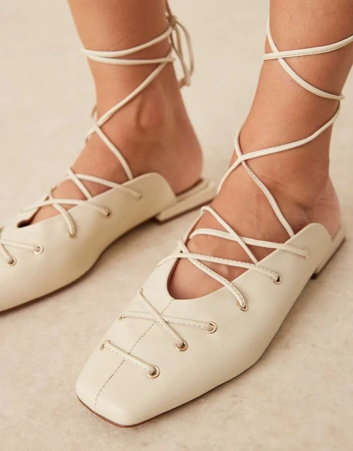 ASOS DESIGN Laney premium ankle wrap tie mules in off-white leather - Image 2