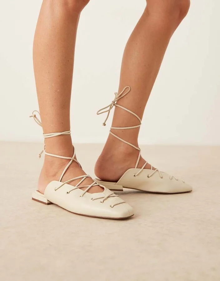 ASOS DESIGN Laney premium ankle wrap tie mules in off-white leather