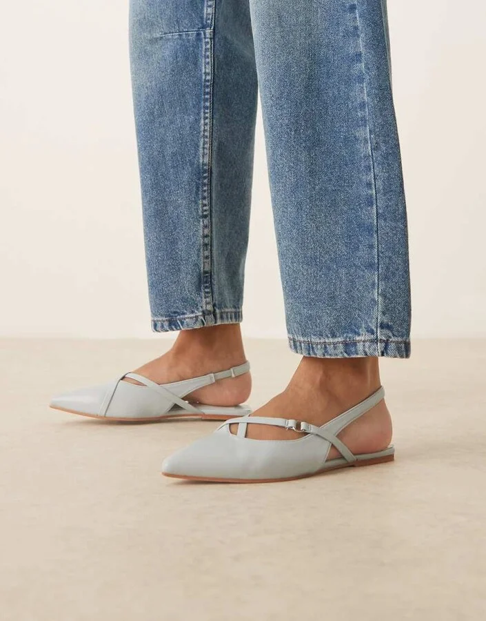 ASOS DESIGN Lantern pointed toe strappy flat slingbacks in pale blue