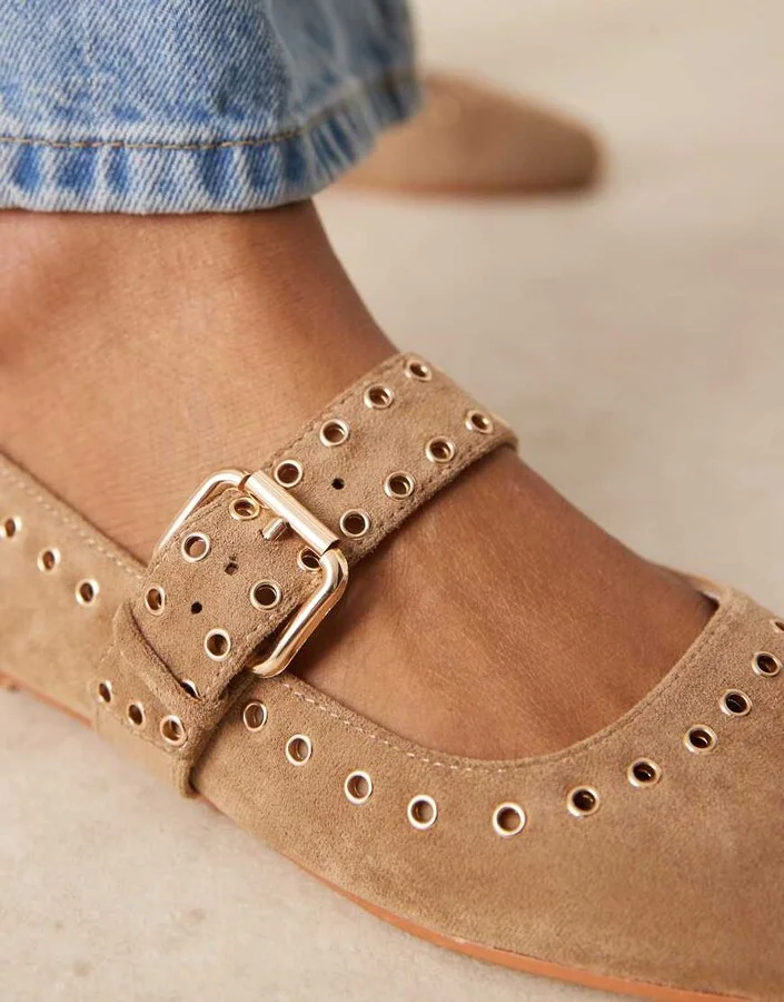 ASOS DESIGN Larson eyelet mary jane ballets in taupe suedette - Image 2