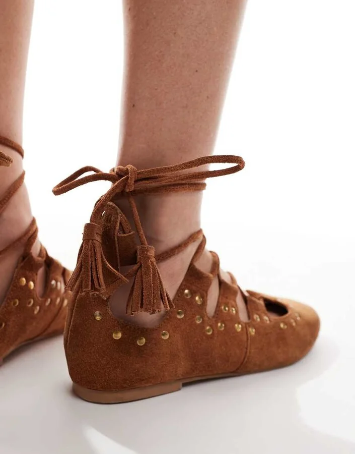 ASOS DESIGN Lasso boho ghillie tie ballet flats in tan suede - Image 2