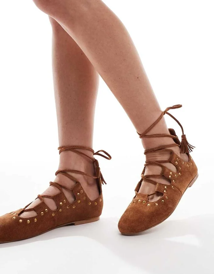ASOS DESIGN Lasso boho ghillie tie ballet flats in tan suede - Image 4