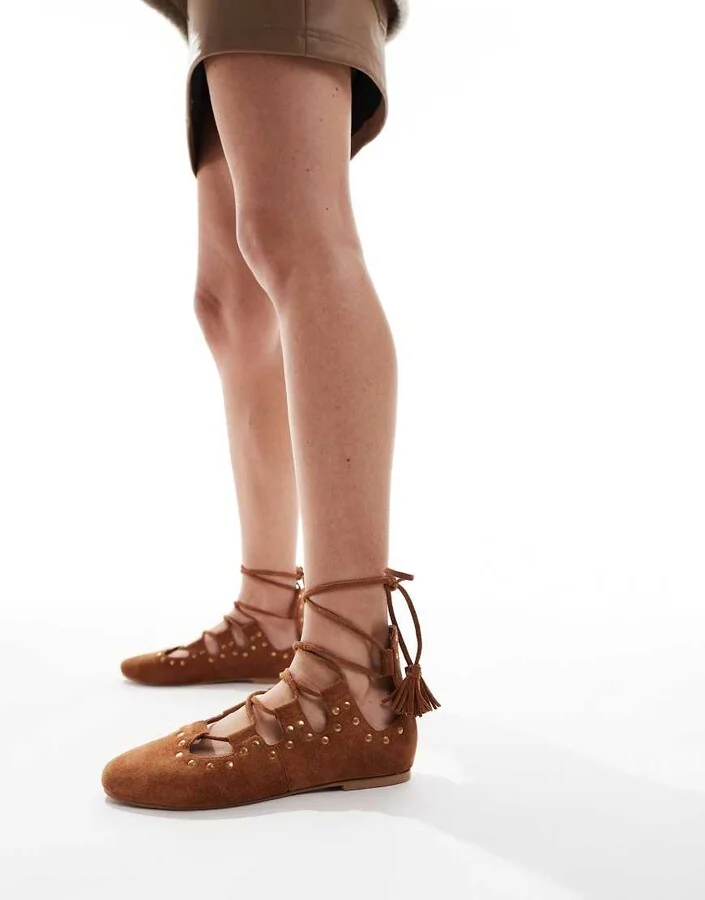 ASOS DESIGN Lasso boho ghillie tie ballet flats in tan suede