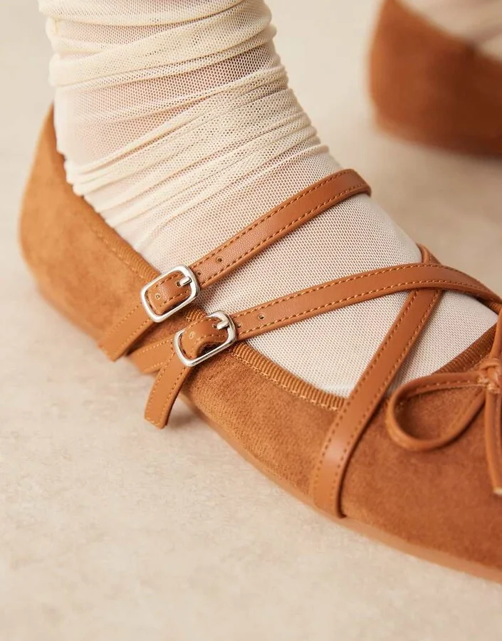 ASOS DESIGN Laurel mary-jane ballet flats in tan suedette - Image 3