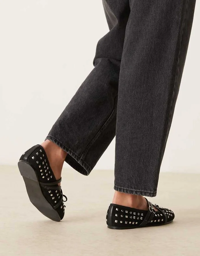 ASOS DESIGN Laurel studded mary-jane ballet flats in black suedette - Image 2