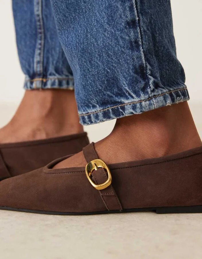 ASOS DESIGN Lava premium chisel toe mary jane ballet flats in chocolate suede - Image 2