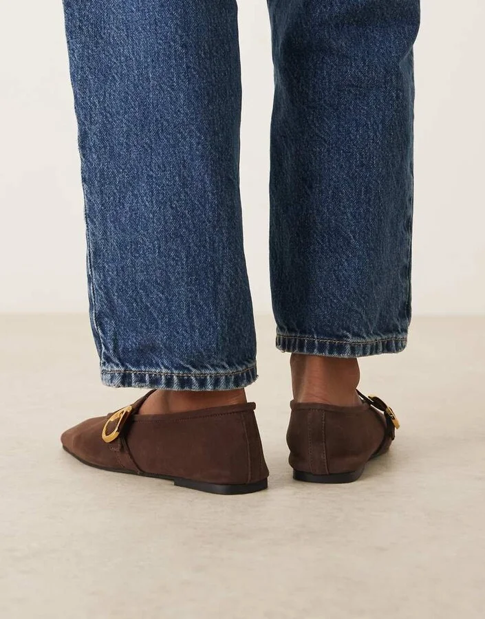 ASOS DESIGN Lava premium chisel toe mary jane ballet flats in chocolate suede - Image 3