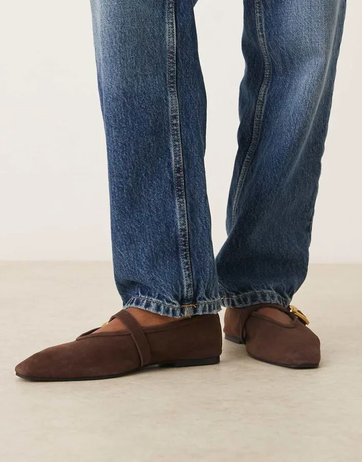 ASOS DESIGN Lava premium chisel toe mary jane ballet flats in chocolate suede - Image 4