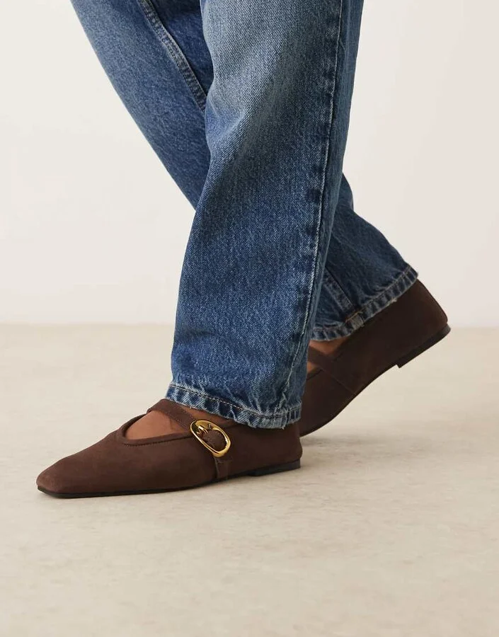 ASOS DESIGN Lava premium chisel toe mary jane ballet flats in chocolate suede