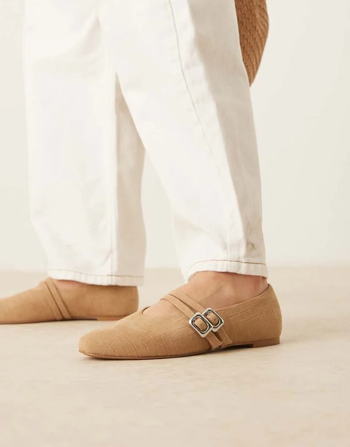 ASOS DESIGN Lavender double-strap maryjane ballet flats in taupe weave suedette - Image 2