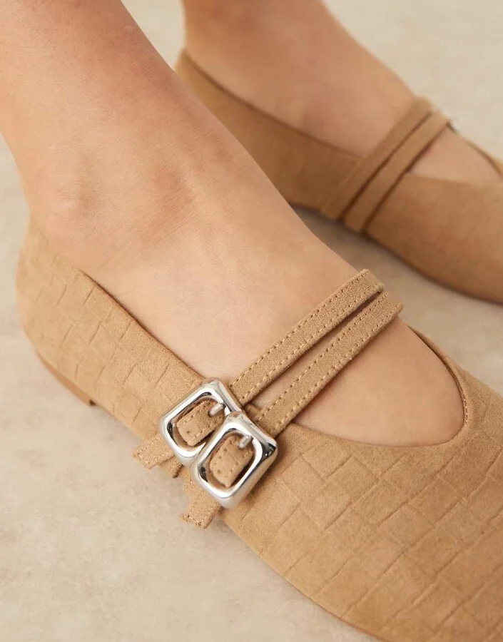 ASOS DESIGN Lavender double-strap maryjane ballet flats in taupe weave suedette - Image 4