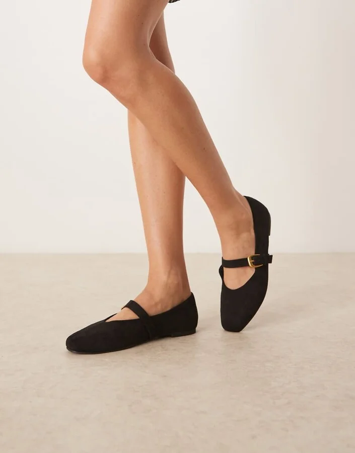 ASOS DESIGN Leah Mary Jane ballet flats in black suedette