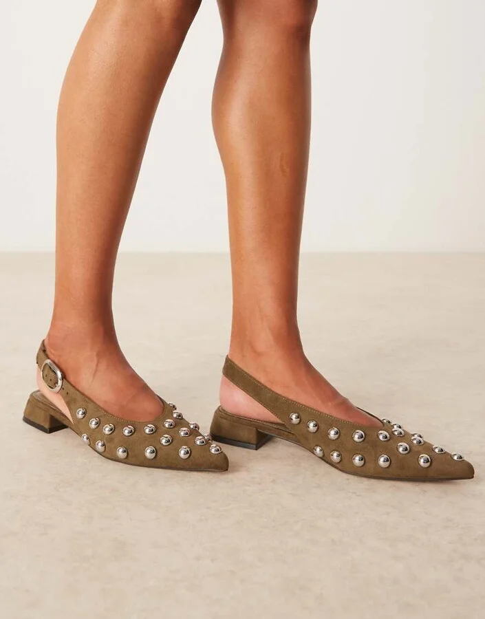 ASOS DESIGN Leonora studded slingback ballet flats in olive suedette - Image 3