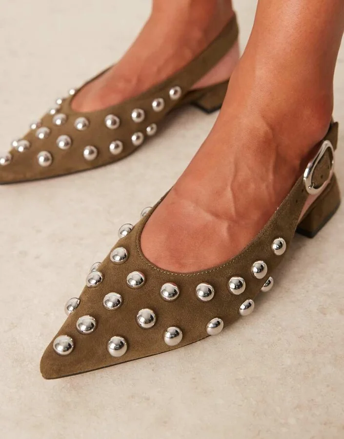 ASOS DESIGN Leonora studded slingback ballet flats in olive suedette - Image 4
