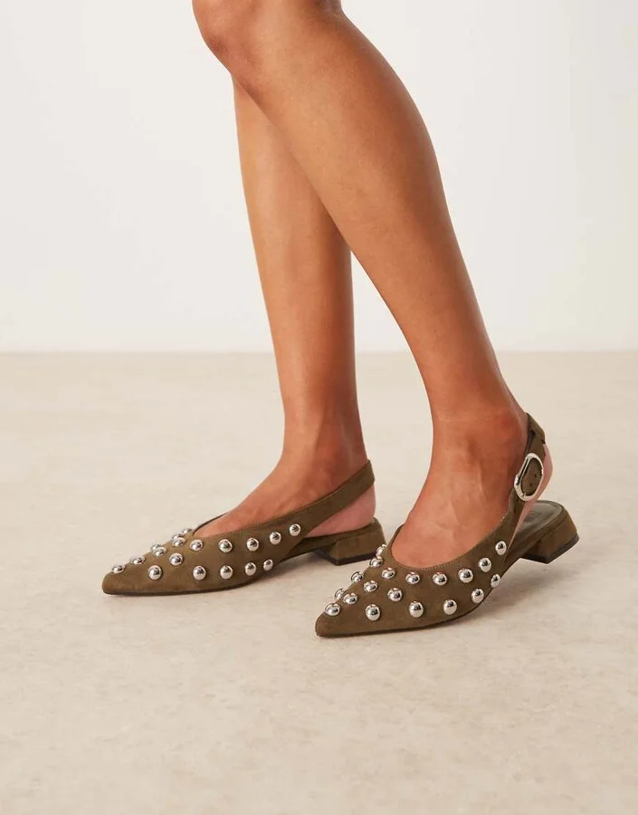 ASOS DESIGN Leonora studded slingback ballet flats in olive suedette