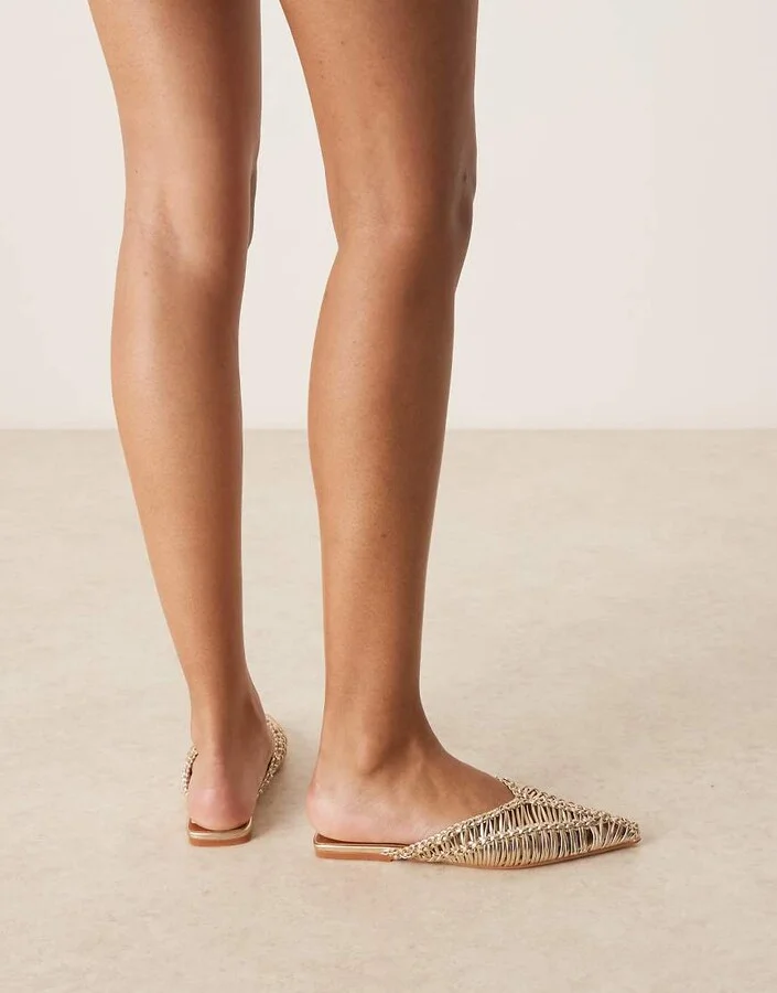 ASOS DESIGN Levant pointed flat mules in woven gold - Image 2