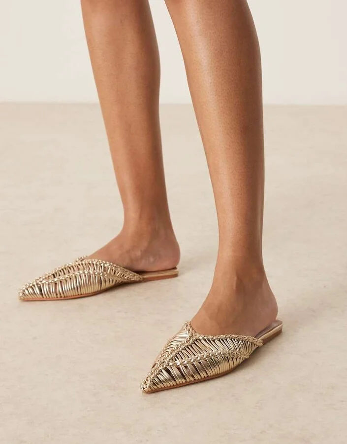 ASOS DESIGN Levant pointed flat mules in woven gold