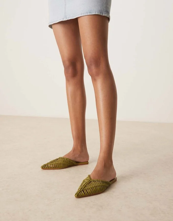 ASOS DESIGN Levant pointed flat mules in woven green - Image 2