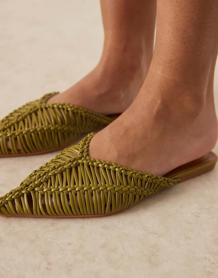 ASOS DESIGN Levant pointed flat mules in woven green - Image 3