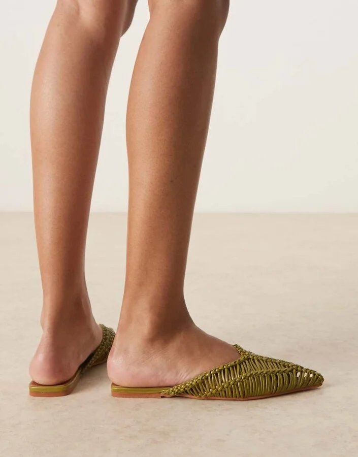 ASOS DESIGN Levant pointed flat mules in woven green - Image 4