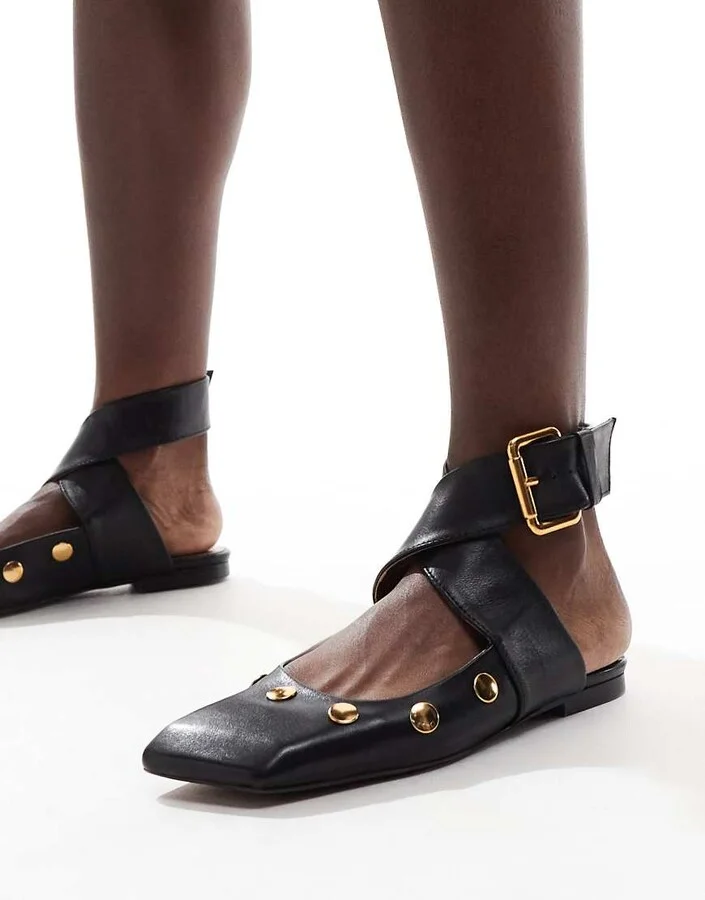 ASOS DESIGN Level premium leather studded ballet flat in black - Image 4
