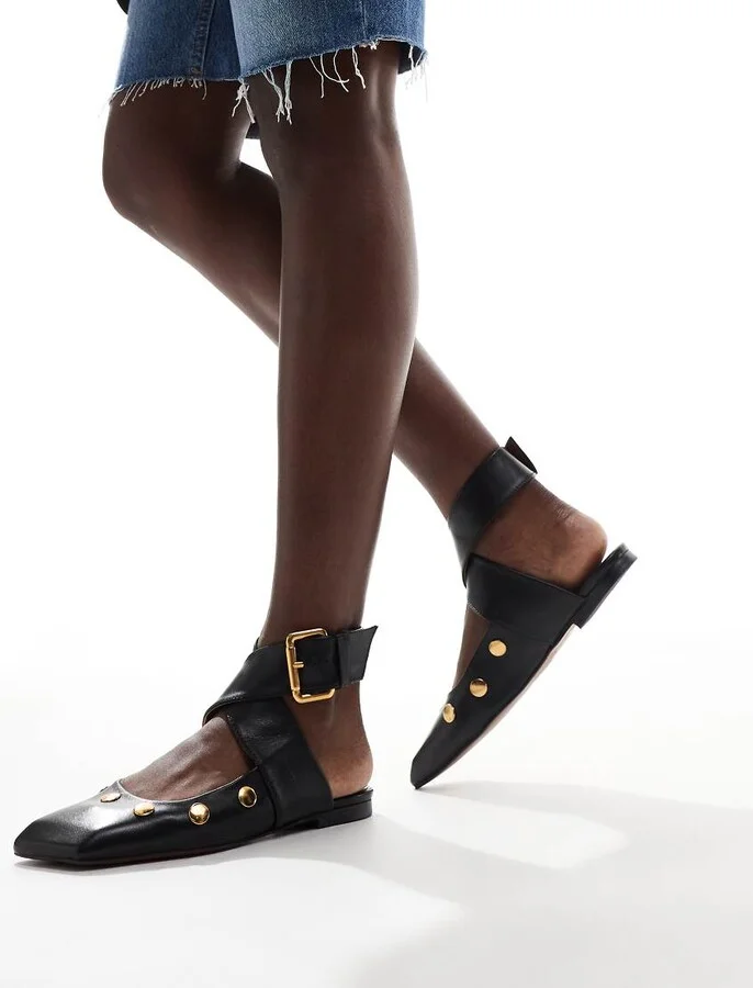 ASOS DESIGN Level premium leather studded ballet flat in black