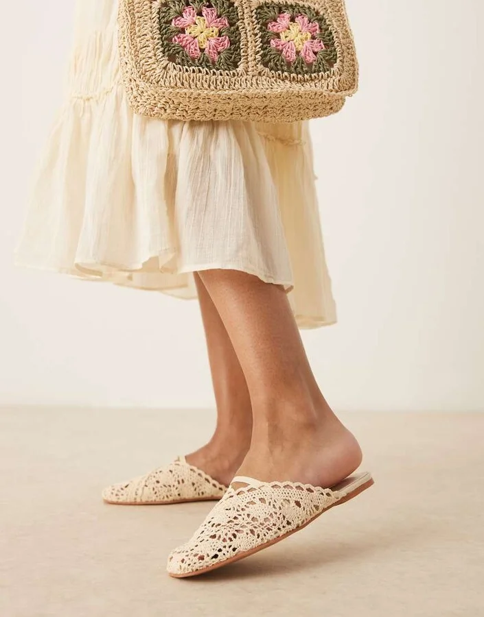 ASOS DESIGN Lilo bow mule ballet flats in cream embroidery - Image 2