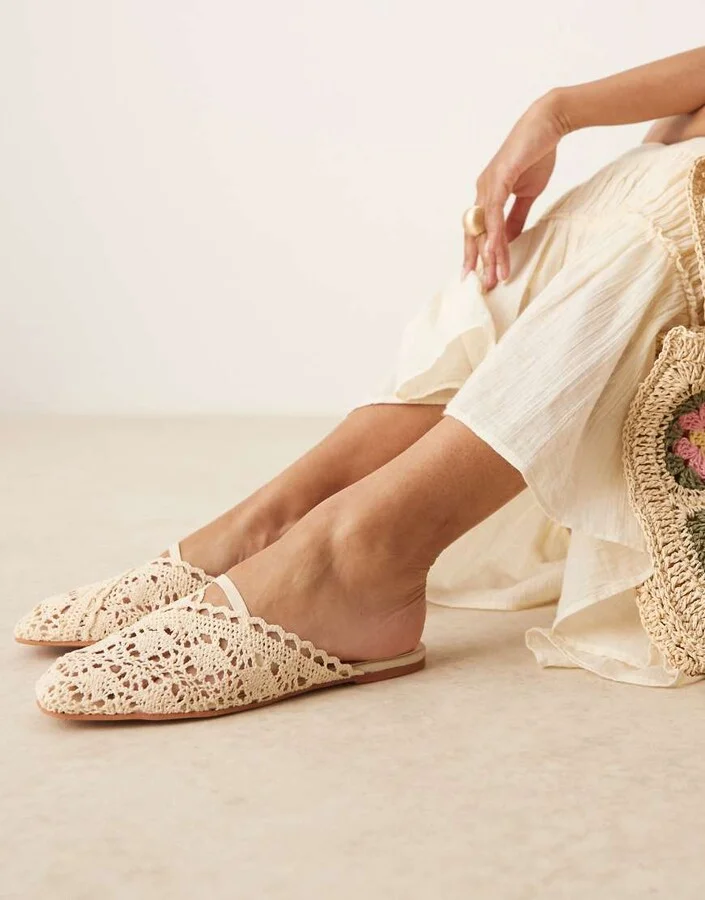ASOS DESIGN Lilo bow mule ballet flats in cream embroidery