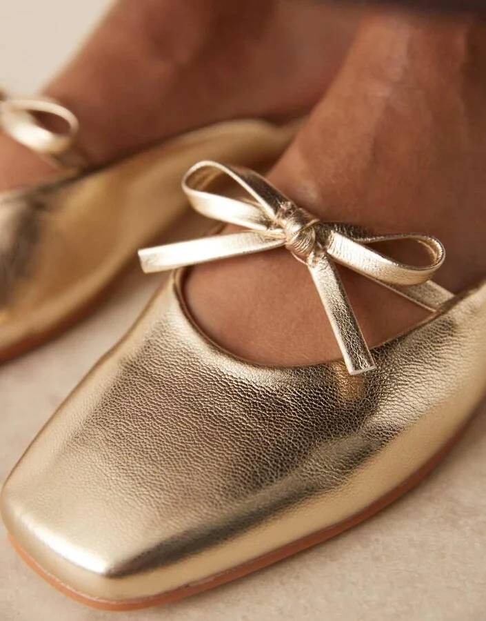 ASOS DESIGN Lilo bow mule ballet flats in gold - Image 2